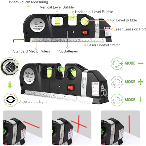 Laser Nivålinjeverktyg, Multifunktionell Laser Nivå Kit Standard Korslinjelaser Nivåverktyg med metriska linjaler 8ft/2.5M