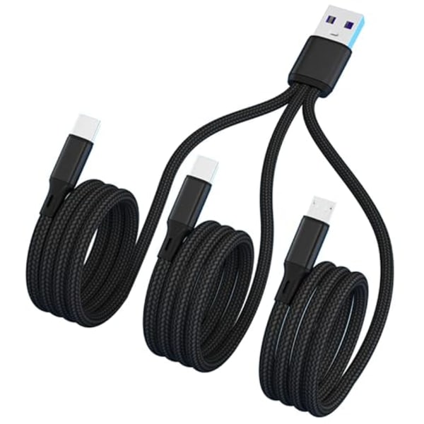Multifunksjonell 3 i 1 Type C USB-kabel Hurtiglading Dataoverføring [120cm] Hver Gren Ladekabel - Best for Kontor Spill Reise Bil Hjem (Svart)