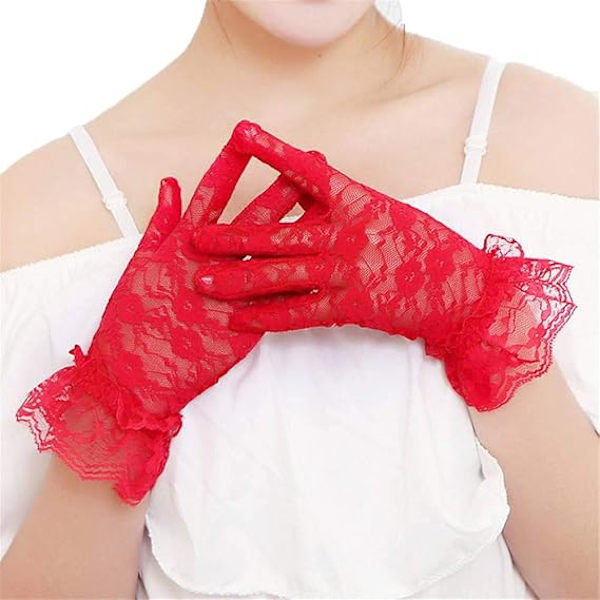 Korta spets handskar för damer, aftonklänning, rosett handskar, handledslängd, blommiga handskar, bröllop, brudklänning, accessoarer, present, röd