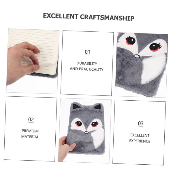 Børneplys Dagbog Plys Notebook Journal med Lås Rejse Notebook Tegneserie Notebook Daglig Grå Dyreplys, Papir Studerende Dyr Notebook fox