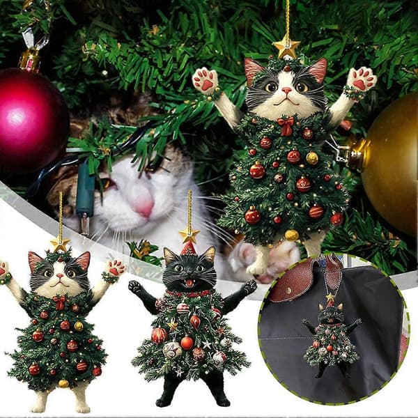 2D Flad Kat med Juletræs Nederdel, Hængepynt til Juletræ