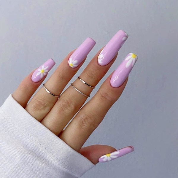 Ballerina Blomst Falske Negl Spring Stick On Negl Rosa Kunst Falske Negl 24stk Akryl Trykk På Negl for Kvinner og Jenter