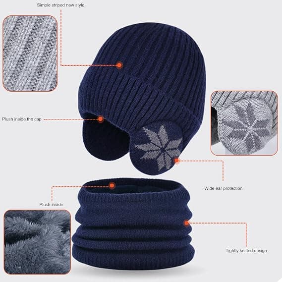 Vinterfleecescarfset för barn, småbarn pojkar flickor vinter varm stickad mössa och halsduk set, svart