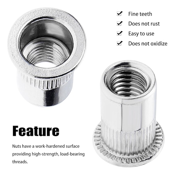 100 stk M6 flate hodede gjengede naglemuttere, rustfritt stål gjengede naglemuttere, gjengede innlegg for plast Mental (12mm*15mm)
