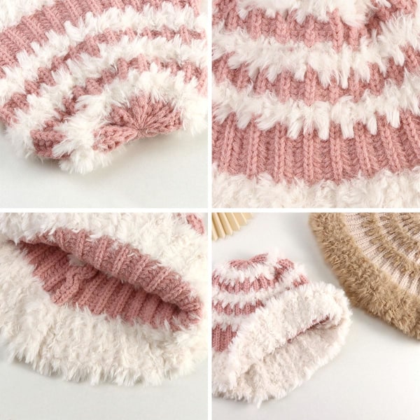 Stickad mössa med krage för kvinnor, plyschskallemössa, tjock, mjuk, stretchig, varm, luddig, virkad hinkhatt Pink