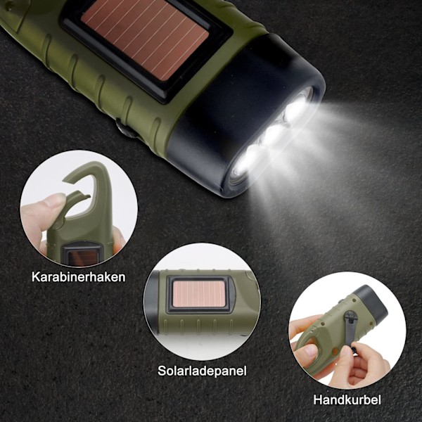 Paket Solcell LED Handvev Ficklampor, Uppladdningsbara Nödlampor för Utomhusvandring, Gåva och Nödutrustning (Armégrön)