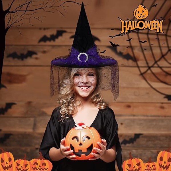 4 stk Halloween heksehat til kvinder piger, vintage heksehat, elegant halloween kostume heksehat kasket med blonder slør