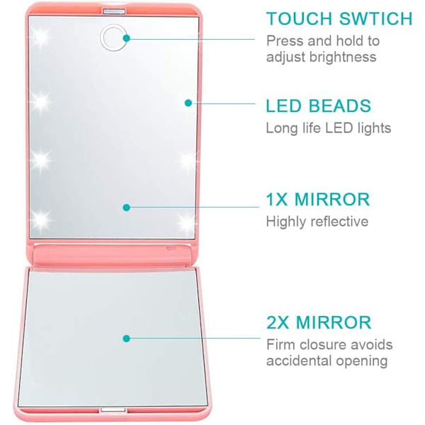 Kompakt speil - 1X/2X forstørrende naturlig dagslys LED, dimbar 8 LED-lys bærbar sammenleggbar reisespeil for lomme, veske, gave - rosa Pink