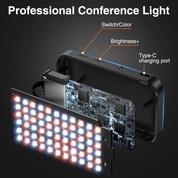 Videokonferensljus, videoljus med klipp 3 ljuslägen, 1000mAh roterande selfieljus för mobiltelefon/laptop/monitor Black