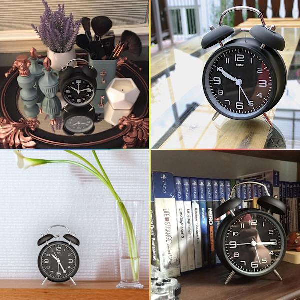 Dubbelklocka väckarklocka med nattlampa, högt alarm, analog väckarklocka med stor 4-tums urtavla, ingen tickande, tyst, väckarklocka batteridriven