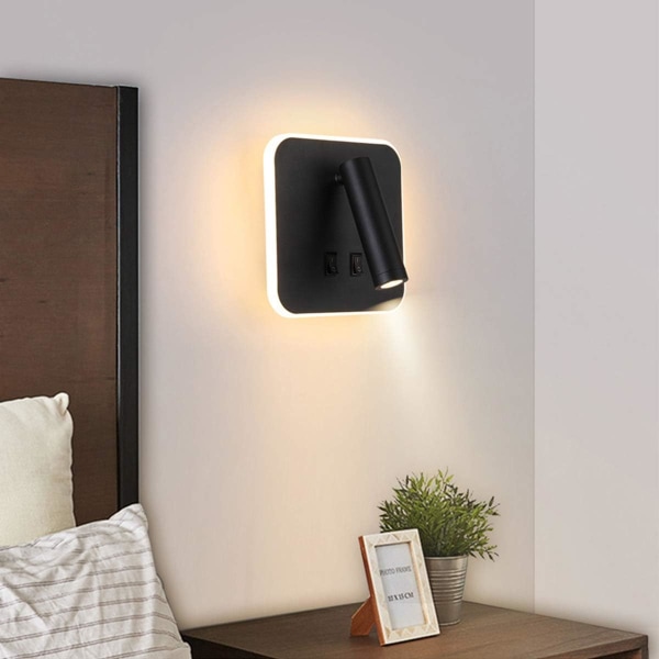 Sänglampa LED Vägglampa Inomhus Hotell Vägglampor Säng Korridor Vägglampa med Strömbrytare Svart 3W+10W (Fyrkantig) Square