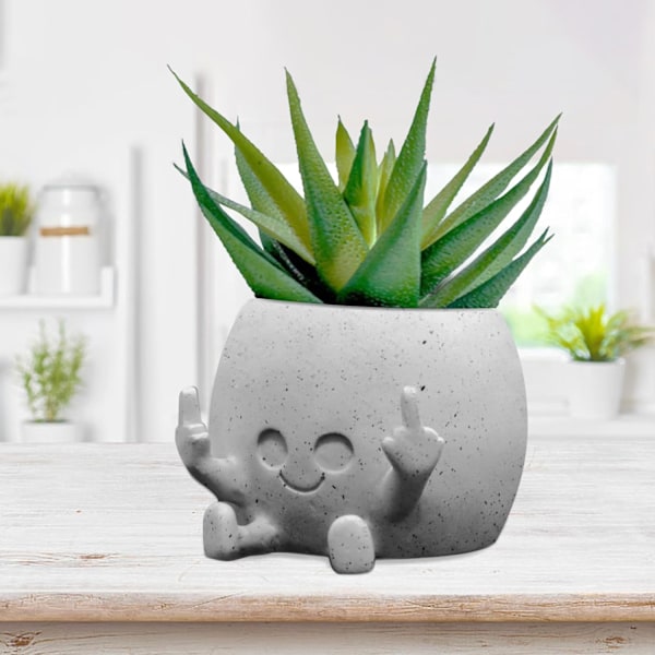 Smilende Plantepot med Middelfingre Oppe til Indendørs og Udendørs Planter Sukkulenter Potter til Perlekædeplante Levende, Lysegrå
