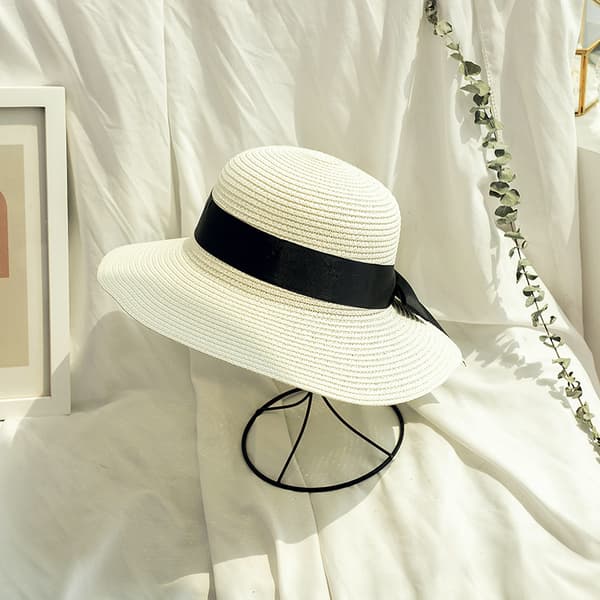 Dam Sommar Halmhatt Solhatt UV-skydd Strandkeps Fällbar Visir Floppy Hat Bred Brätte med Rem Båge white