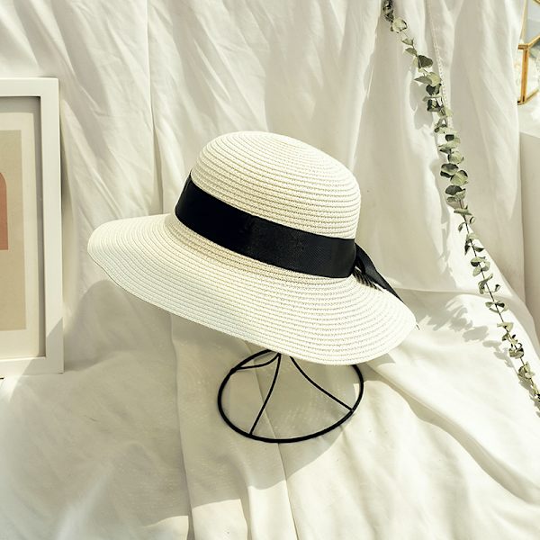 Dame Sommer Halmhatt Solhatt UV-beskyttelse Strandlue Foldbar Visor Floppy Hat Bred Brede med Stropp Sløyfe white