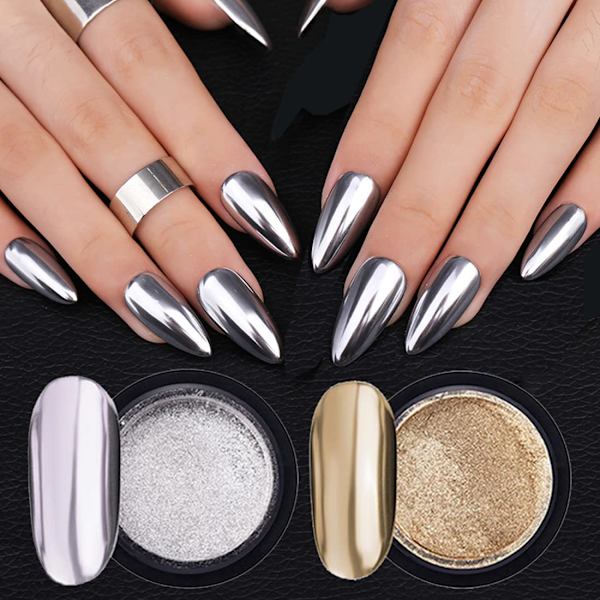 Guld Silver Chrome Nagelpulver Set Nagelkonst Glitter Guld för Nagelkonst Dekoration Design 3D Holografiskt Damm Metallisk Effekt Pigment 2 Lådor