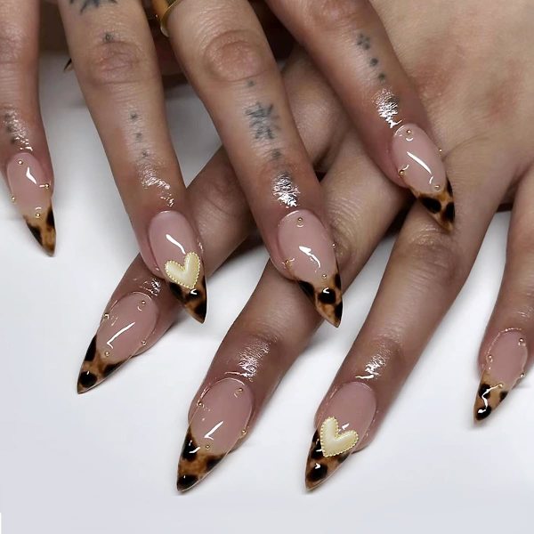 Press-on Naglar Långa Mandel Hjärta Svart Leopard Fransk 3D Ballerina Falska Naglar Akryl Falska Nagelspetsar Kit Limma på Naglar för Kvinnor