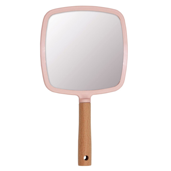 Sminkhandspegel, liten handhållen spegel i trä, bärbar resespegel för män och kvinnor (rosa fyrkant) square