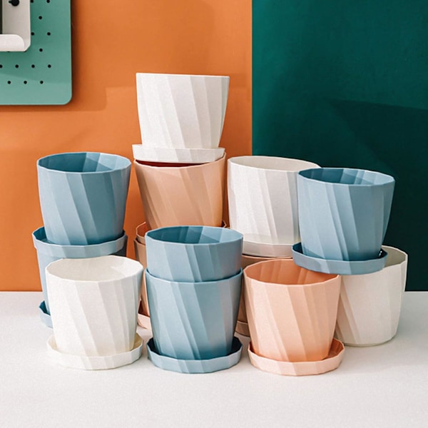 Planterkruka, Blomvas, Rolig Vasstaty Planterkruka, Enfärgad Plastblomkruka med Bricka Trädgård Hem Café Dekoration Vit, L