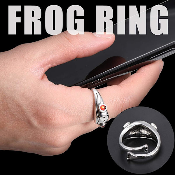 Retro Groda Ring, Vintage Silver Groda Ring med Röd Jade Granat, Justerbar Kreativ 3D Öppen Ring Smycken Present till Alla Hjärtans Dag Fest Födelsedag