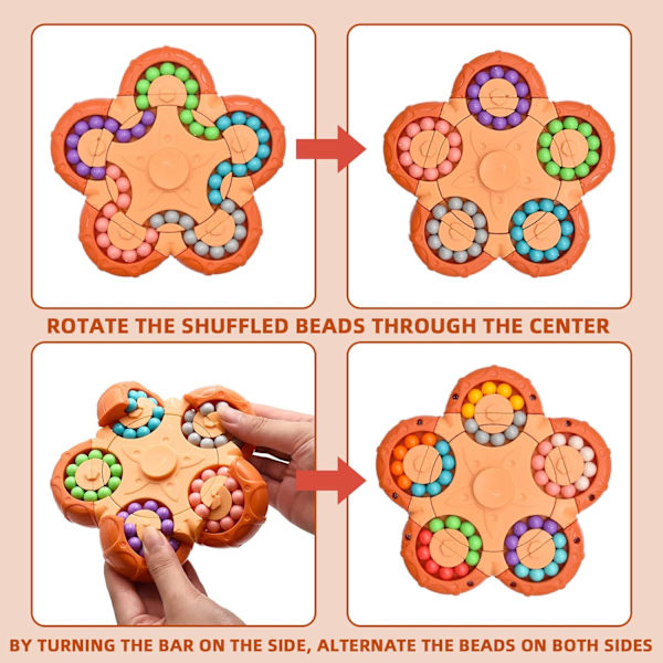 Roterande Magisk Bönkub Spinner Fidget Leksak, 10 Sidor 2 i 1 Roliga Pärlor Pussel Pedagogiska Leksaker, Perfekt Festfavorit Anti-Ångest Skrivbordsleksaker (Orange)