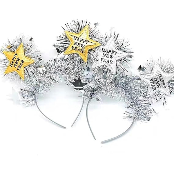 Gott Nytt År Huvudband Tiara Gott Nytt År Huvudband med Stjärnboppers och Guldpaljetter, Glitter Nyårs Huvudband, Silver