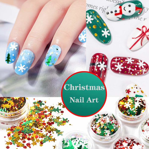 6 bokser Jul Nail Art klistremerke paljetter, holografiske Christmas Nail Snowflake Paljetter for Nail Art dekorasjon Havfrue Flake Nail Glitter