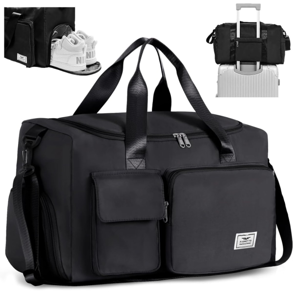 Dame Sports Gym Bag Duffle Bag med Skorum, Weekend Travel Bag Overnight Bag til Damer, Foldbar Holdall Taske Sort