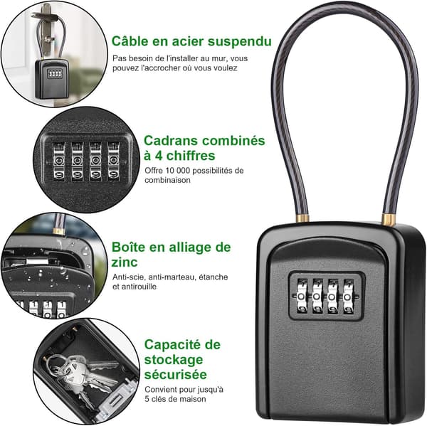 Wire Rope Key Box, Vandtæt Udendørs 4-cifret Kombination Sikker Nøgleboks, Sort