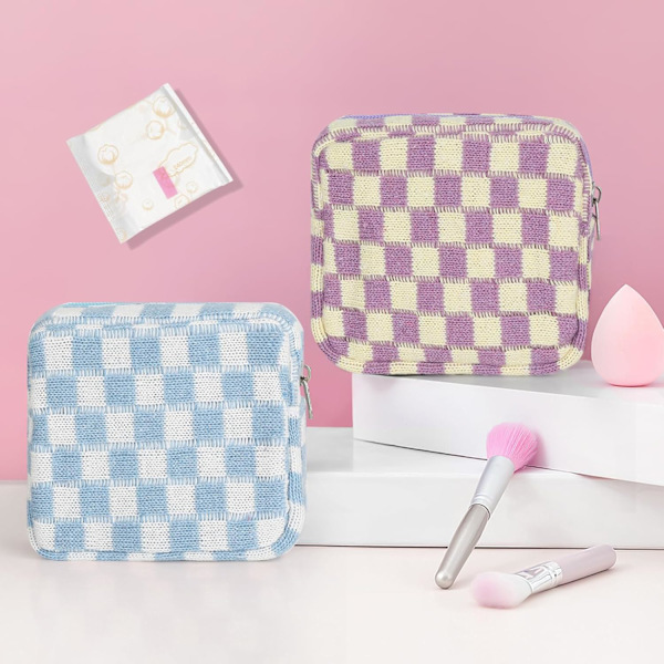 Sanitetsbindesförvaringspåse, Menstruationsbindesdragkedja Checkered Portable Period Bag Panty Liners, Tamponförvaringspåse-Blå