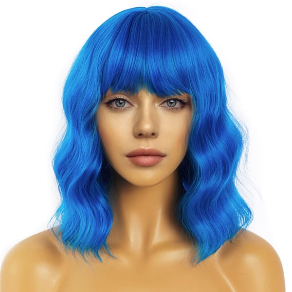 Kort Bob Wavy Peruk med Lugg för Kvinnor Lös Lockig Axel Längd Syntetisk Cosplay Peruk Bob för Flicka Färgglada Kostym Peruker (Blå)