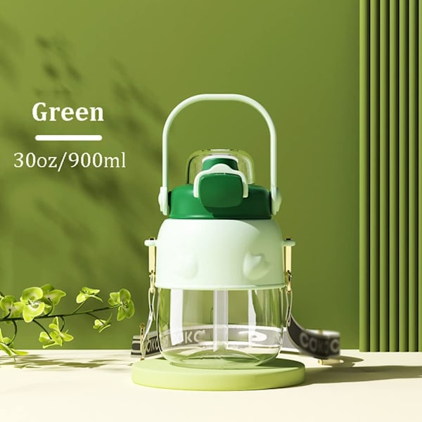 Drikkedunk 30oz/900ml Flasker Med Sugerør Og Rem Sports Vandflaske Holdbare Vandflasker(Grøn) Med Låg Green