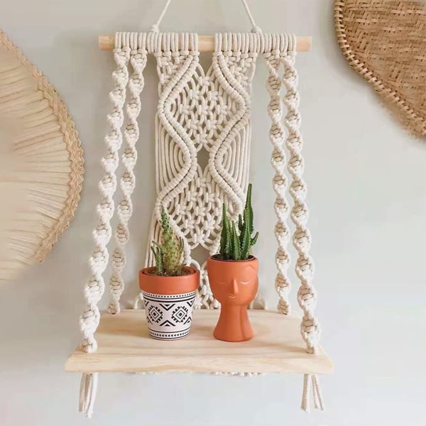 Boho veggmontert hylle i flettet tre, bohemsk macrame veggmontert hylle for stue