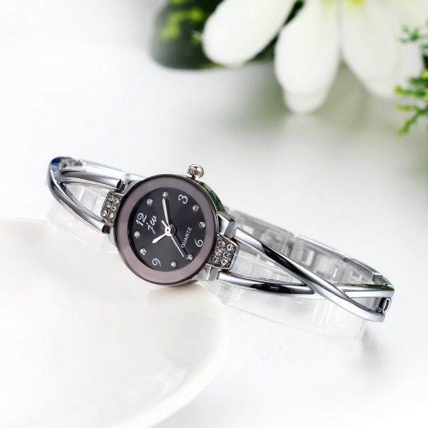 Women's watch, elegant crossing bracelet design with rhinestones with digital dial clasp watch, alloy, silver