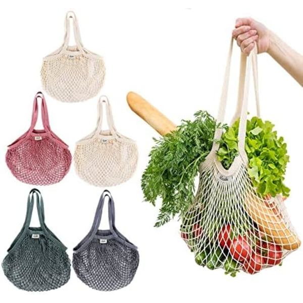 Handlepose for handlenett - Gjenbrukbar handlepose i bomull Grey+Green+Pink+White*2