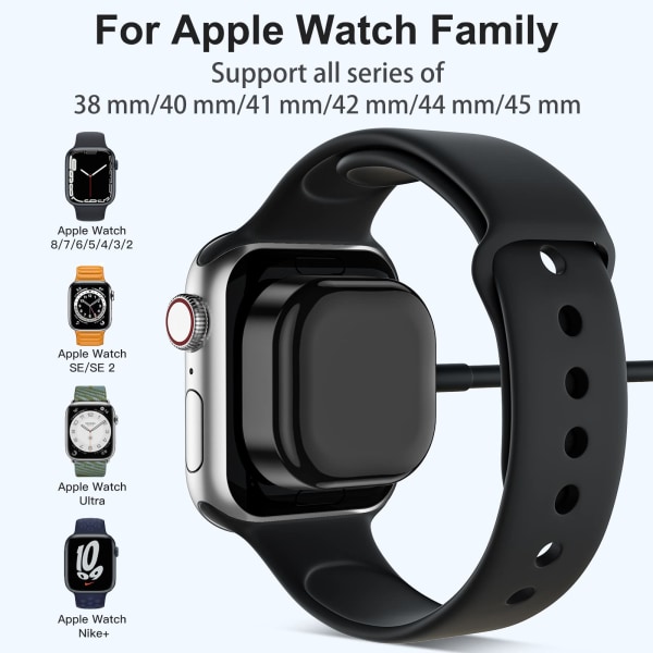 Kompatibel med Apple Watch-lader, 1,5 M/5 fot rask magnetisk ladekabel, iWatch-lader Kompatibel med Apple Watch Series 9 8 7 SE 6 5 4 3 2 Black