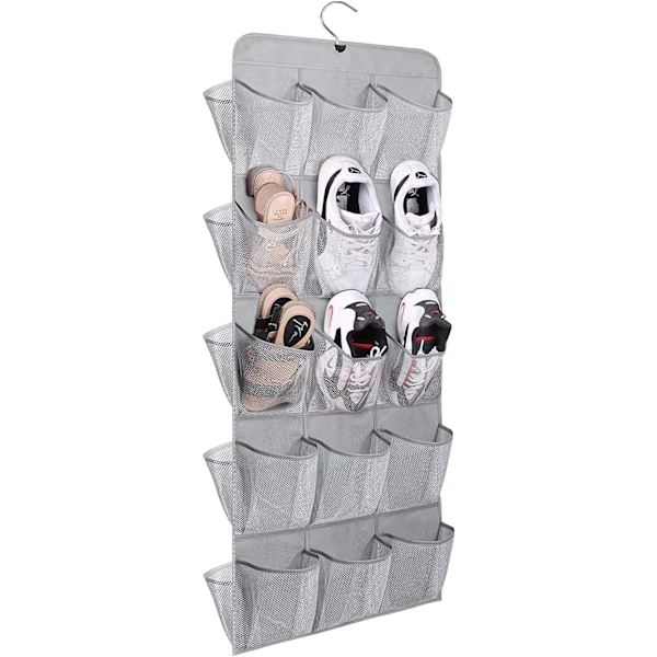 30 store lommer sko hængende opbevaring arrangør til garderobeskinne rack dobbeltsidet med roterende bøjle mesh sko arrangør, grå Gray