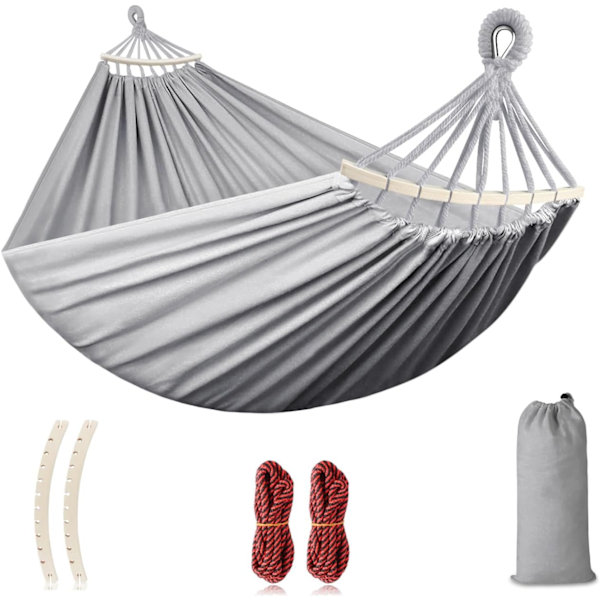 220x155cm Hammock with Spreader Bars, Camping Hammock Outdoor, with Thickened Durable Canvas Fabric and Sturdy Metal Knot, Gray