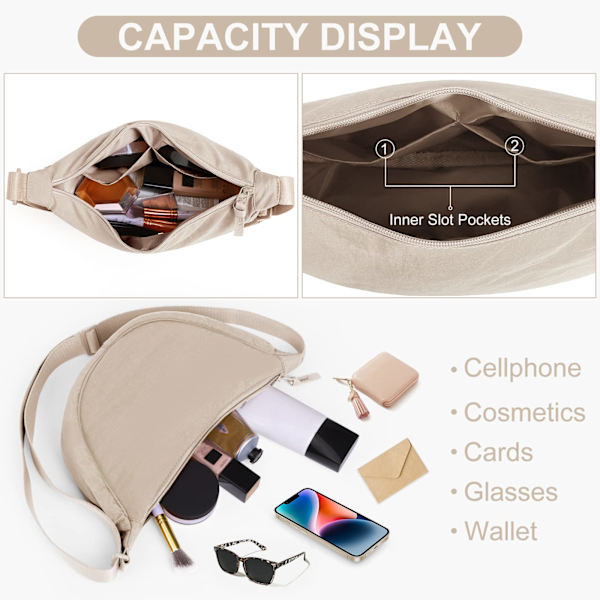 Crescent taske til kvinder, nylon crescent tasker Hobos Crossbody taske bærbar crescent pung med justerbar rem Solid Color brysttaske skuldertaske beige
