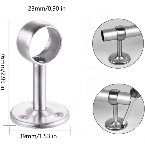 Curtain rod holder, stainless steel wardrobe rod holder, diameter 22mm, for shower curtains, wardrobe (74mm high)