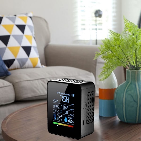 5-in-1 hiilidioksidimittari, sisäilman laadunvalvontalaite, digitaalinen CO2-, TVOC-, HCHO-, lämpötila- ja kosteusmittari taustavalolla (musta)