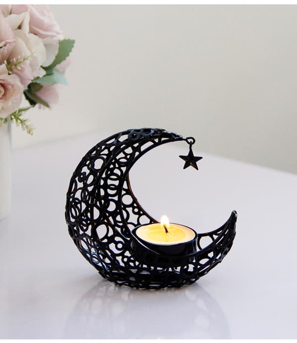 Metall lysestake, lysestake, telys, lysestake, telysholder, månelysstativ, halvmåne lysestake, Ramadan telys black
