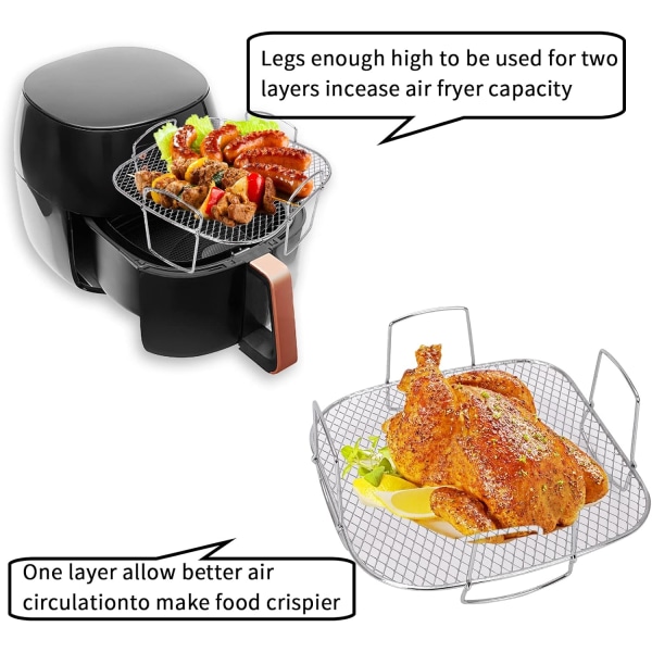 Airfryer-stativ, rustfritt stål Airfryer-stativ Firkantet dehydrator-stativ Multi-Purpose Cooking Rack Toast Rack Grilling Kompatibel med de fleste Air Fryer