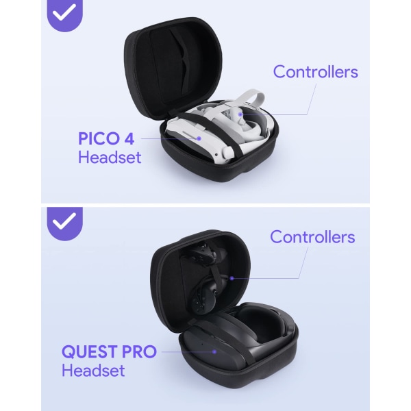Hårt case för Meta/Oculus Quest 2/PICO 4, VR-headset och kontroller, reseväska case kompatibel med Quest 2-tillbehör, svart