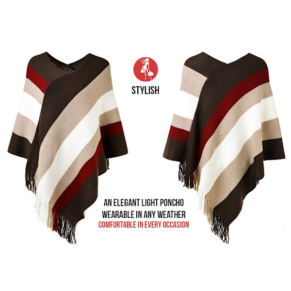 Strikket poncho til kvinder med striber - Alsidig wrap-scarf med frynser til efterår og vinter