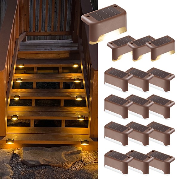 16-pack Solcellsdrivna Trappljus, Vattentäta LED Utomhus Solcellslampor för Trappor, Steg, Staket, Uteplats, Däck, Hängränna, Gångväg och Dekor. Varmvitt.