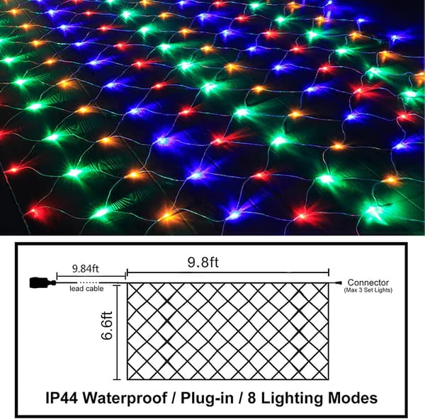 3m x 2m 200 LED Hage Mesh Fairy String Lights, Nettstrømsforsynt Vanntett med 8 Moduser & Timer Nettgardinlys multicolor