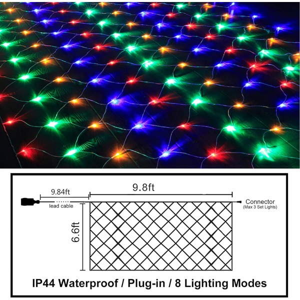 3m x 2m 200 LED Have Net Fe Lys, Netdrevne Vandtætte Med 8 Tilstande & Timer Net Gardinlys multicolor