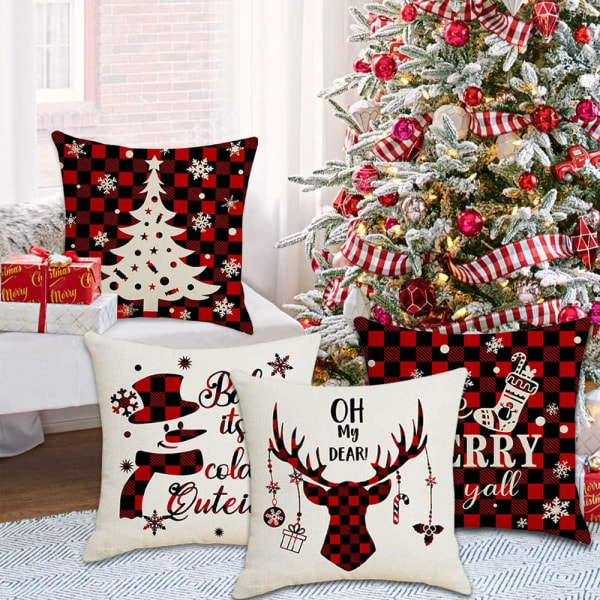Jouluinen tyynynpäällinen 45 x 45, 4 kpl jouluinen tyynyliina, talvinen joulupukki, joulukoriste, hirvi, lumiukko, jouluinen tyynynpäällinen