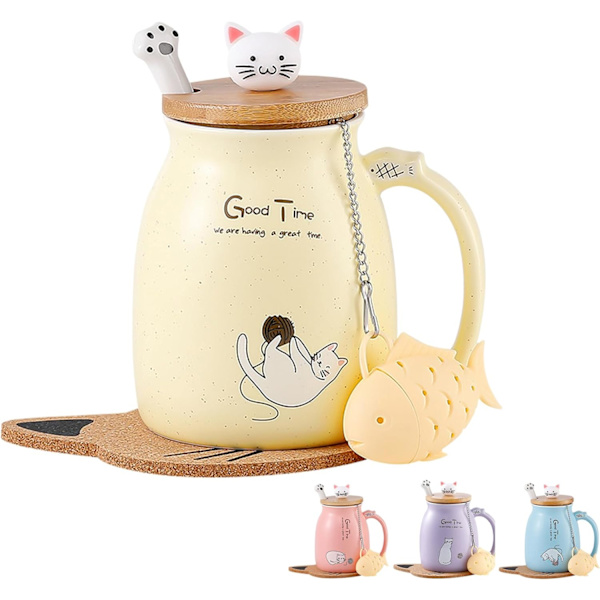 Kattekop Mug Sød Keramisk Kaffe Kop med Sødt Katte Låg Rustfrit Stål Ske, Nyhed Morgen Kop Te Mælk Gave Jul, Gul