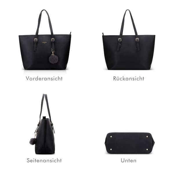 Elegant damehåndtaske - Shopper til skole - Sort med hårbold